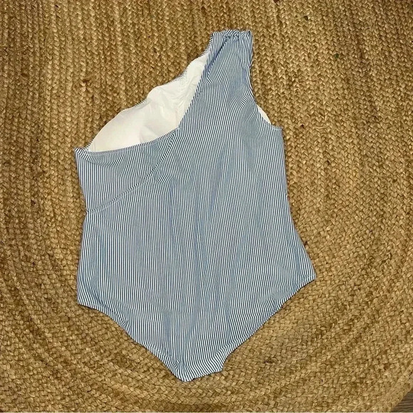 J crew one piece swimsuit/4 ruched one shoulder one piece seersucker stripes - Picture 2 of 3